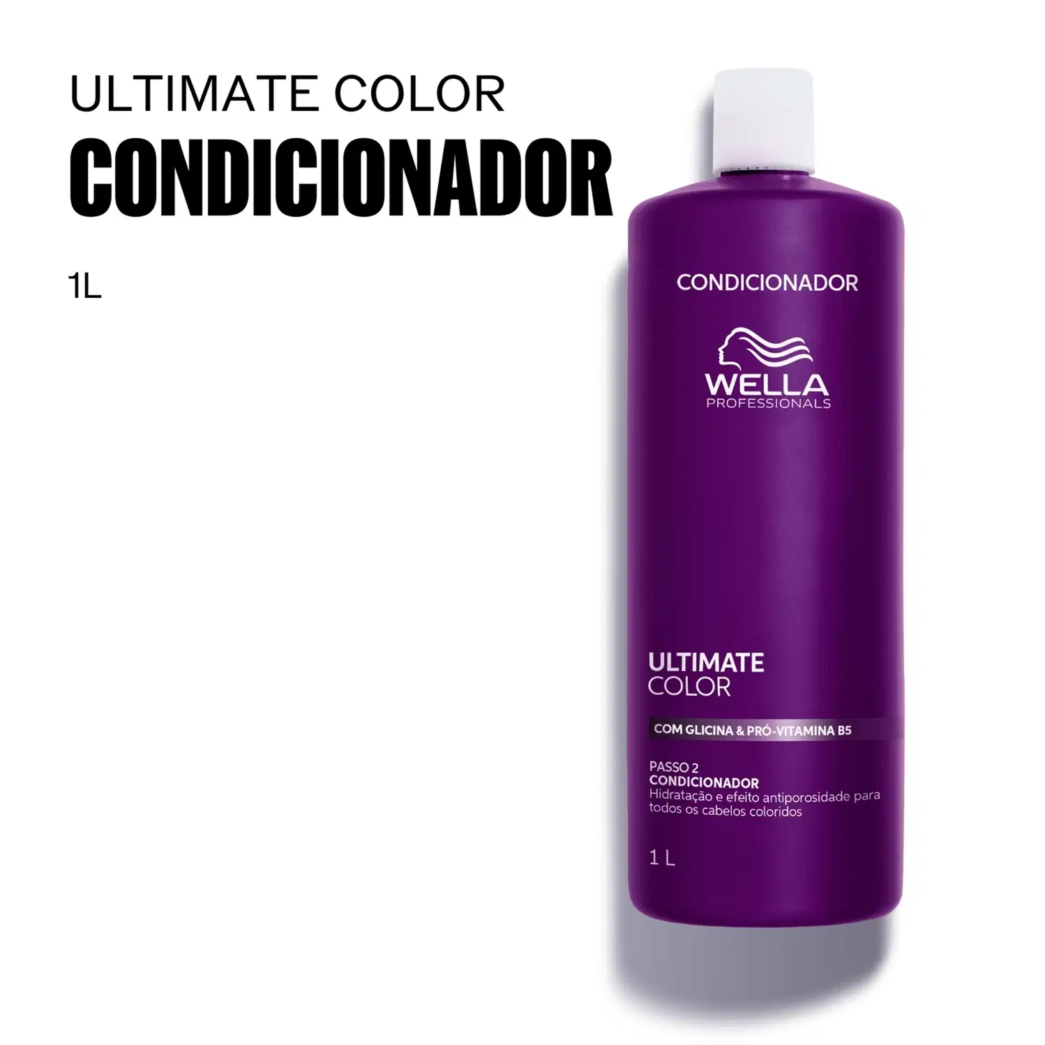 Condicionador Ultimate Color da Wella Professionals, em embalagem de 1L, com frasco de plástico de cor roxa predominante e rótulo com o nome do produto e logotipo da marca.
