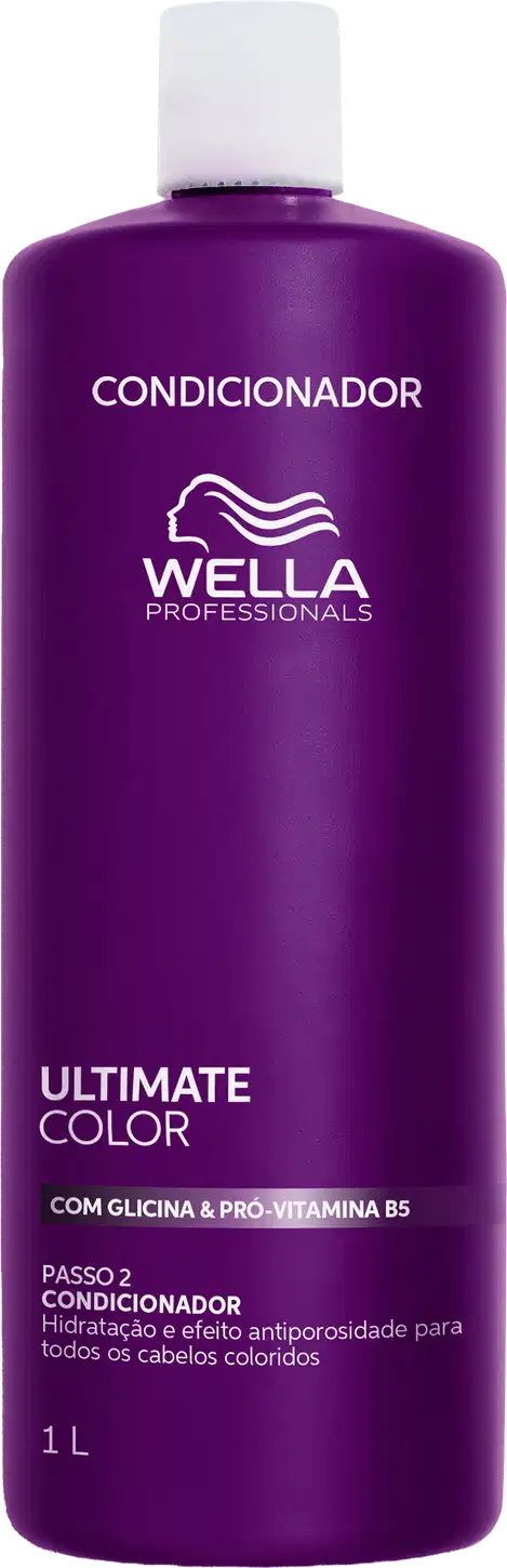Frasco de condicionador da linha Ultimate Color da Wella Professionals, com 1 litro de volume, embalagem roxa com logo da marca, contendo informações sobre os benefícios do produto.