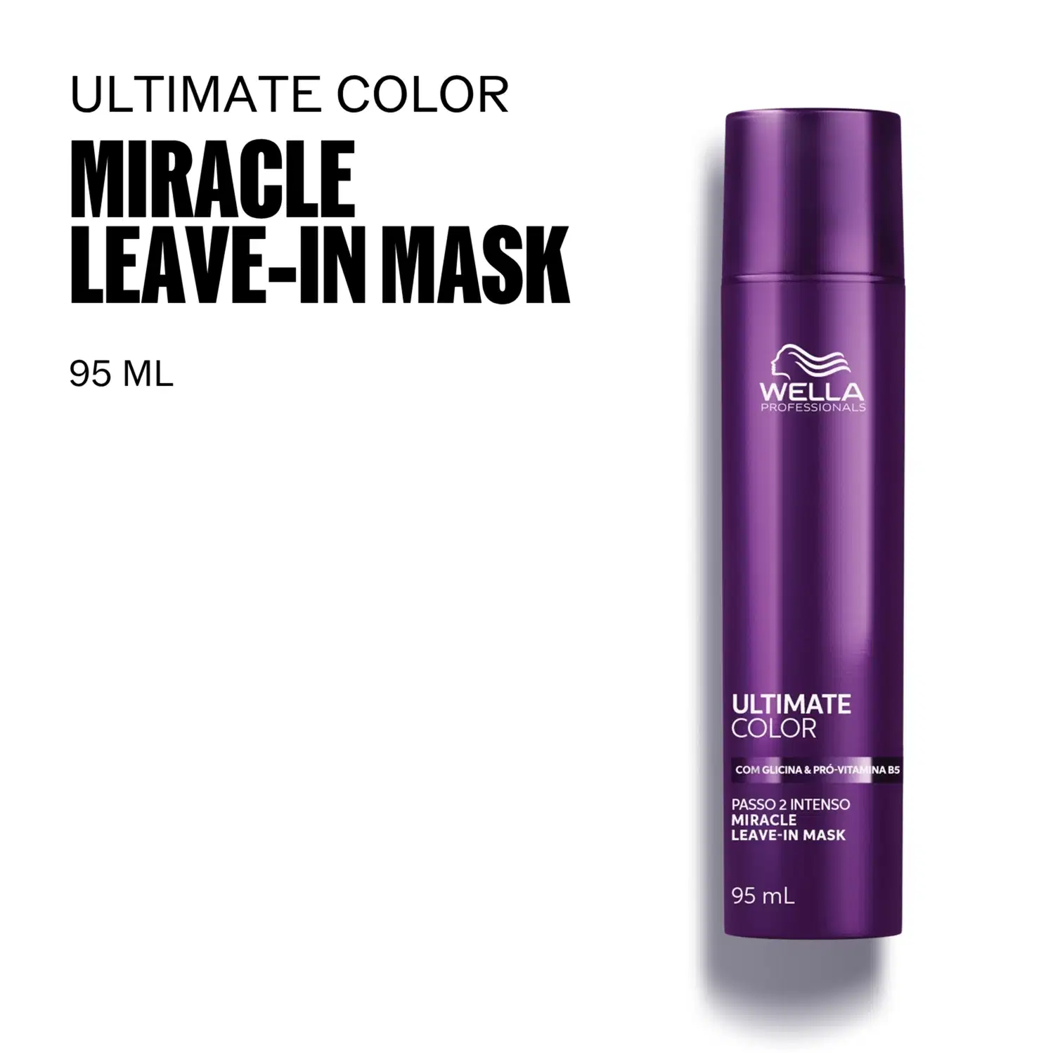 Frasco de máscara capilar da marca Wella Professionals, com 95 ml de capacidade, na cor roxa metálica. O rótulo destaca o nome "Ultimate Color Miracle Leave-In Mask" e menciona os ingredientes glicina e pró-vitamina B5.