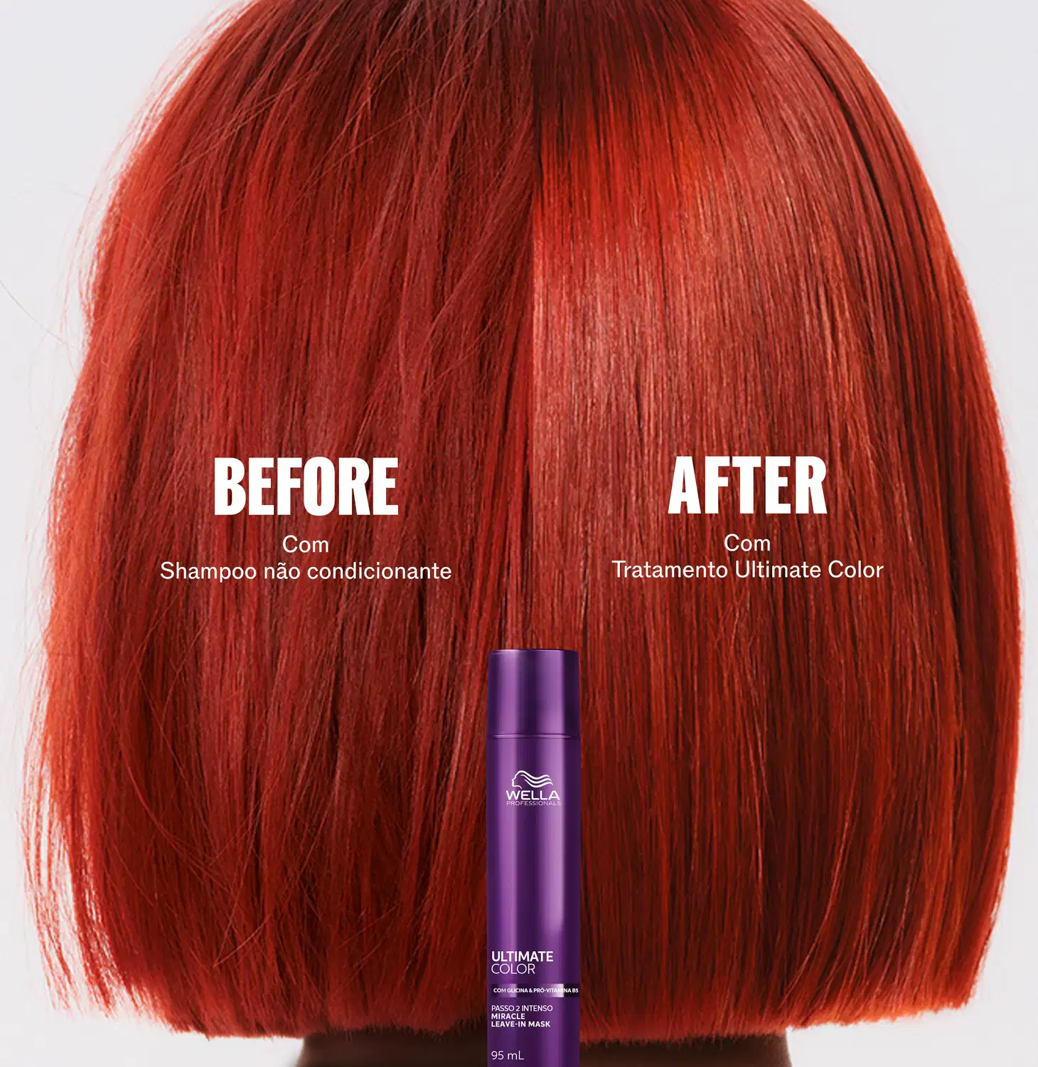 A imagem mostra um tratamento de cor de cabelo da marca Wella Professionals, com o produto Ultimate Color destacado em uma embalagem roxa. O antes e depois do tratamento são exibidos, com o cabelo vermelho brilhante após a aplicação do produto.