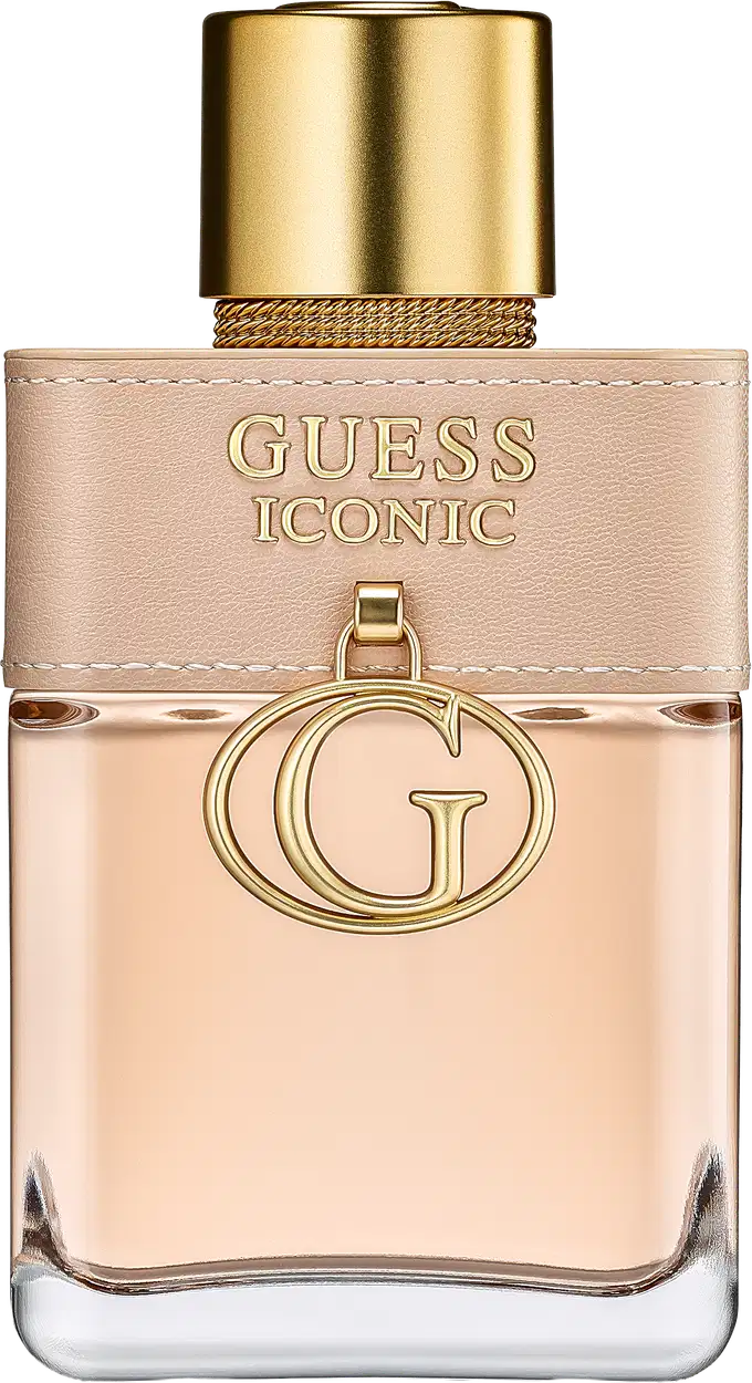 Frasco de perfume Guess Iconic, com embalagem em tons de bege e dourado, contendo o logotipo da marca em destaque. O frasco possui formato cilíndrico com tampa dourada, transmitindo uma imagem elegante e sofisticada.
