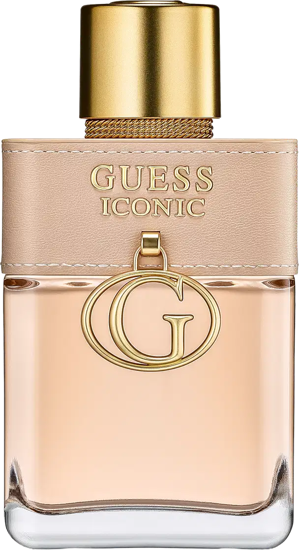 Frasco de perfume Guess Iconic com embalagem em tons de bege e dourado, contendo o logotipo da marca em destaque. O design é elegante e minimalista, com detalhes metálicos que conferem um aspecto sofisticado ao produto.
