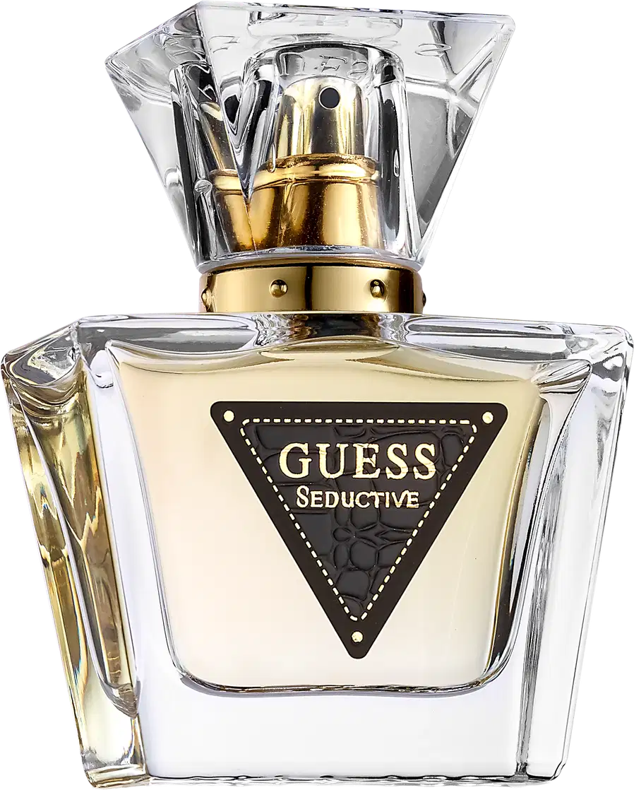 Frasco de perfume Guess Seductive com design geométrico em vidro transparente e detalhes dourados, rótulo preto com logotipo triangular.