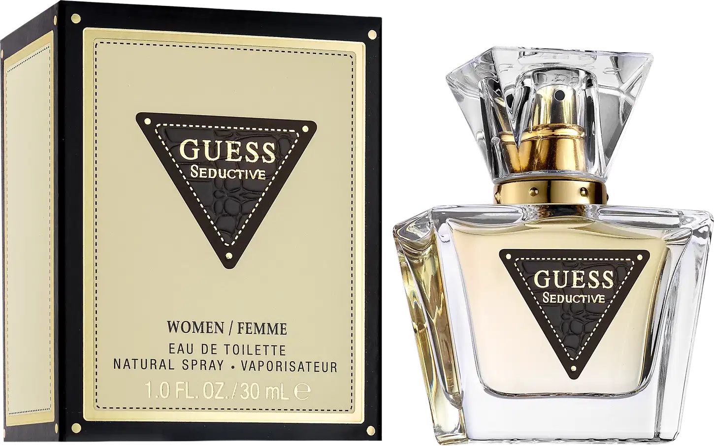 Frasco de perfume Guess Seductive para mulheres, com embalagem preta e dourada, contendo 30 ml de eau de toilette. O rótulo apresenta o nome da marca e a designação "Seductive" em destaque.
