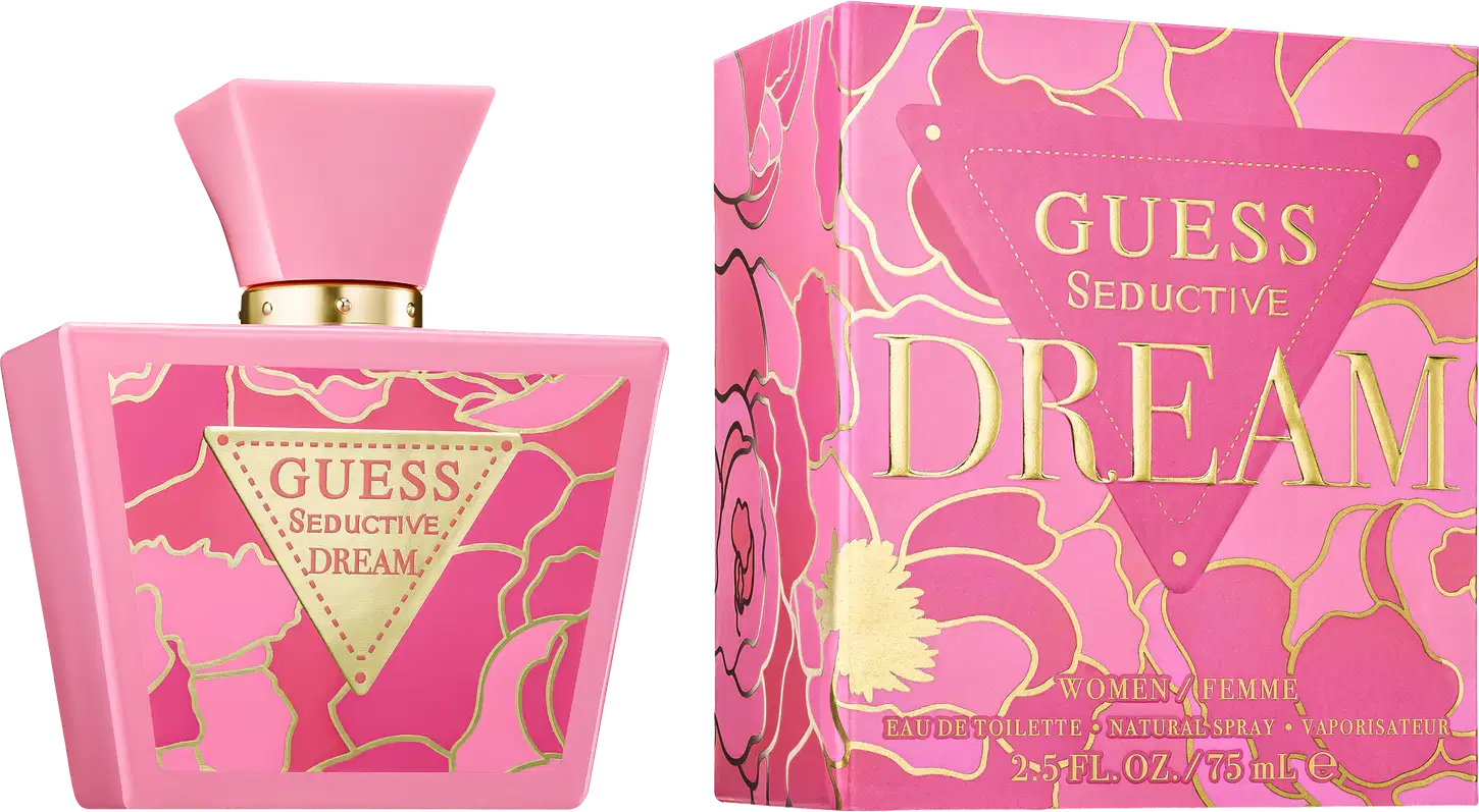 Frasco de perfume Guess Seductive Dream em embalagem rosa e dourada, com rótulo destacando o nome da fragrância e indicando que se trata de um produto feminino.
