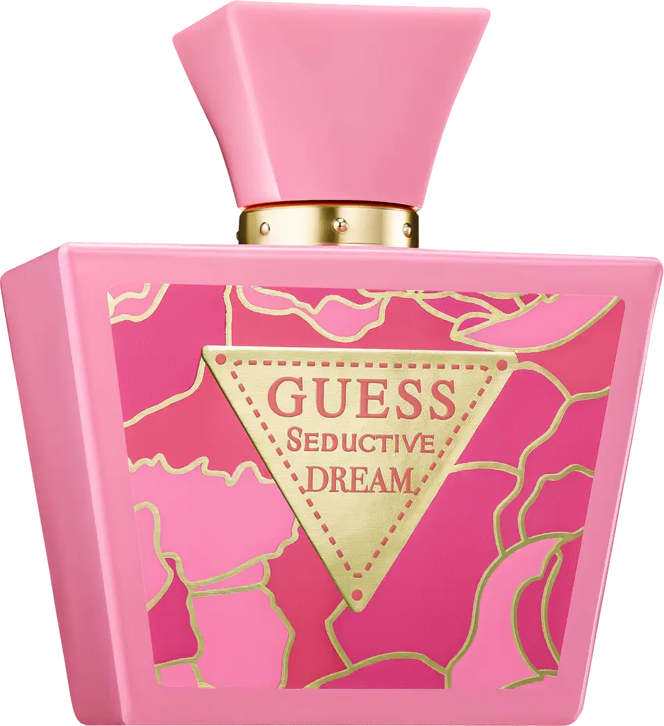 Frasco de perfume Guess Seductive Dream, com embalagem rosa e detalhes dourados, incluindo um rótulo triangular com o nome da marca e a descrição do produto.