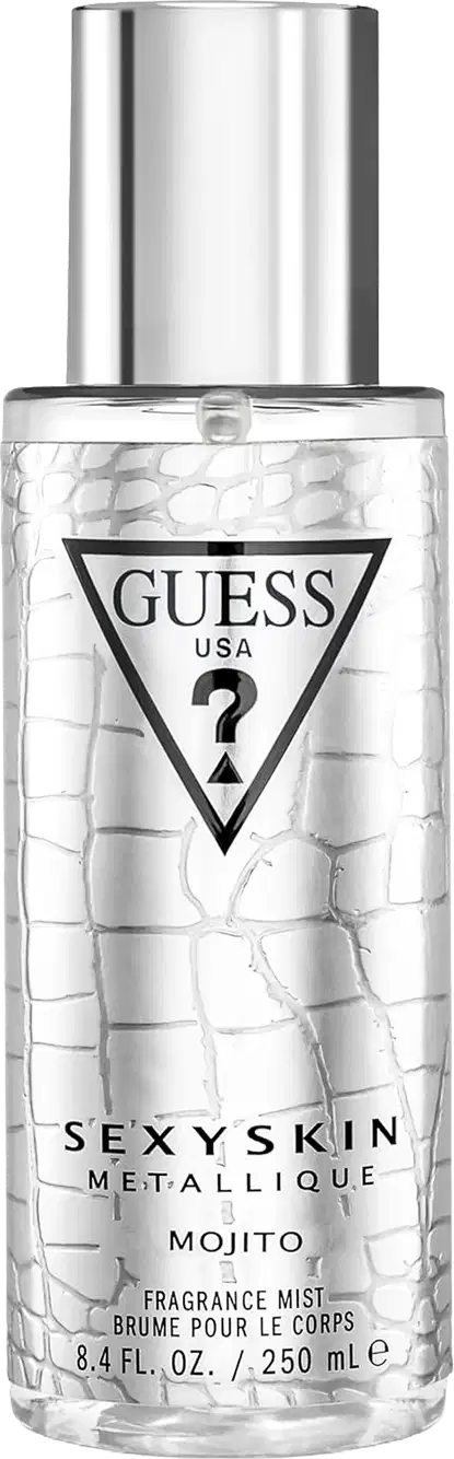 Frasco de perfume Guess Sexy Skin Metallique Mojito, com embalagem de vidro transparente e rótulo preto e branco, contendo 250 ml do produto.