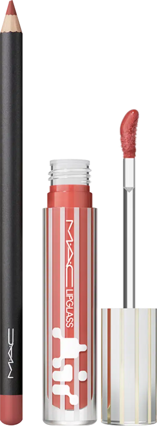 Lápis Labial Velvet Teddy (bege profundo) e Gloss Labial Air Non-Sticky na cor Casual (pêssego escuro) da marca M·A·C.