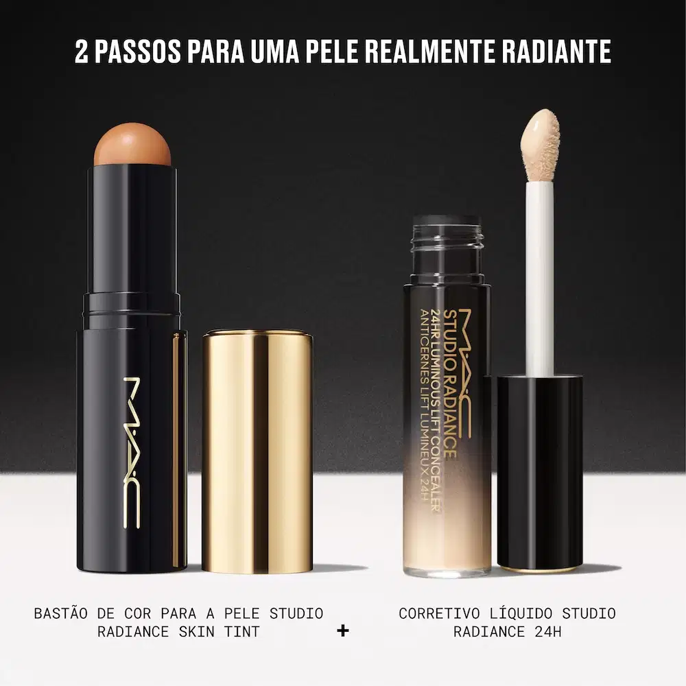 Dois produtos de maquiagem M·A·C sobre superfície branca e fundo cinzento: bastão de cor Studio Radiance Skin Tint com aplicador esférico e corretivo líquido Studio Radiance 24H com pincel, apresentados lado a lado.