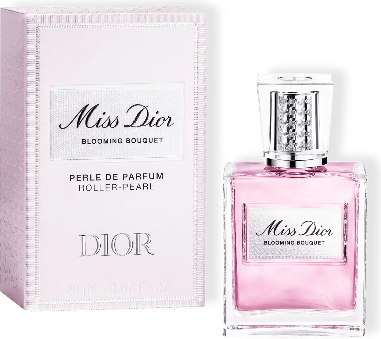 Miss Dior Blooming Bouquet Perle de Parfum Roller-Pearl da Dior, frasco rosa com aplicador tipo roller e caixa rosa claro com fita branca.