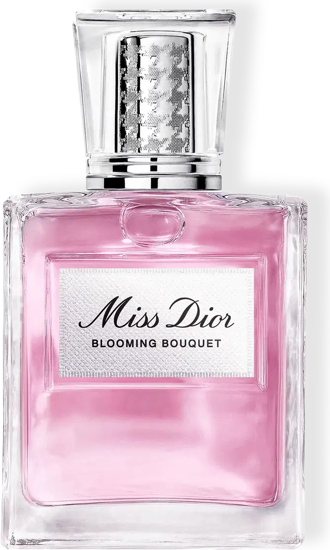 Frasco de item de perfumaria Miss Dior Blooming Bouquet com líquido rosa, embalagem em vidro transparente com tampa prateada texturizada e rótulo branco no centro.