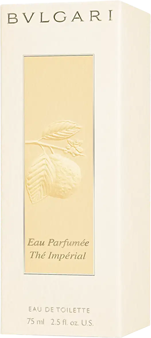 Frasco de perfume Bvlgari Eau Parfumée Thé Impérial, com design elegante em tons claros e rótulo branco com nome da marca. Embalagem com tampa metálica dourada, apresentando uma fragrância sofisticada da linha Bvlgari.