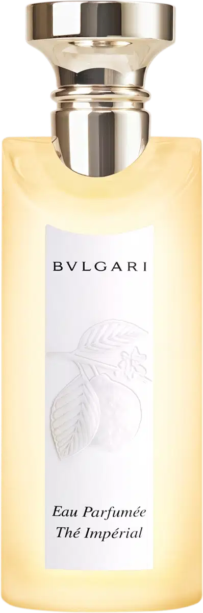 Frasco de perfume Bvlgari Eau Parfumée Thé Impérial, com design elegante em tons claros e rótulo branco com nome da marca. Embalagem com tampa metálica dourada, apresentando uma fragrância sofisticada da linha Bvlgari.