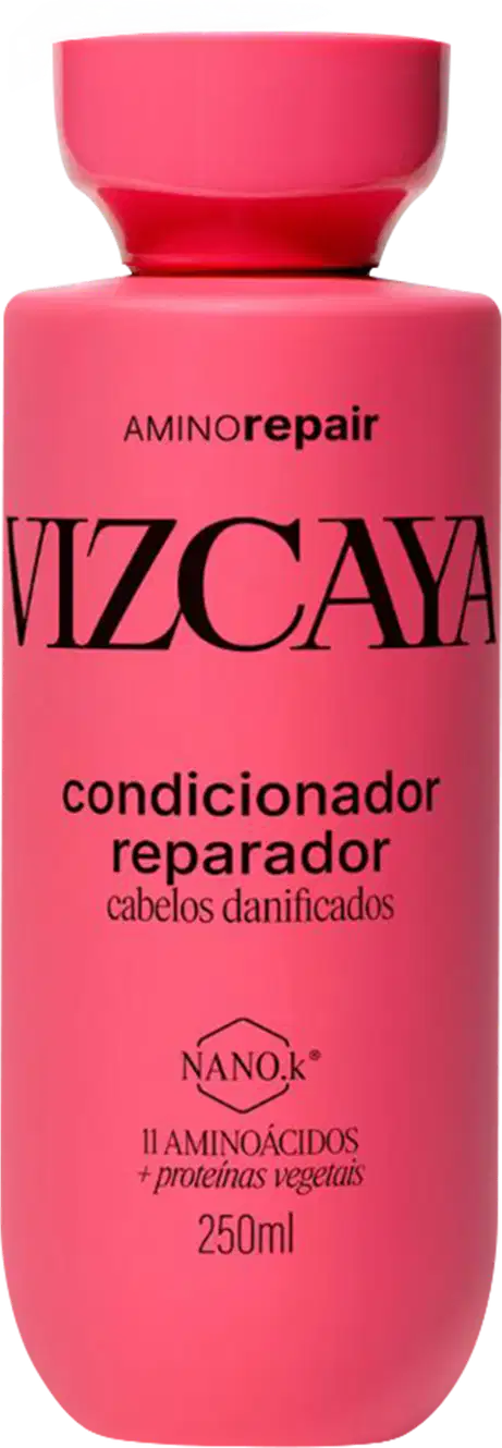 Frasco rosa de condicionador reparador Vizcaya Amino Repair, com 250ml de capacidade, contendo informações sobre os ingredientes e benefícios do produto em seu rótulo.