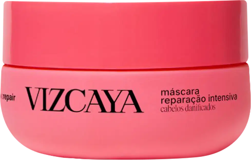 Embalagem rosa de máscara reparadora intensiva da marca Vizcaya, com texto em preto destacando o nome da marca e a função do produto.