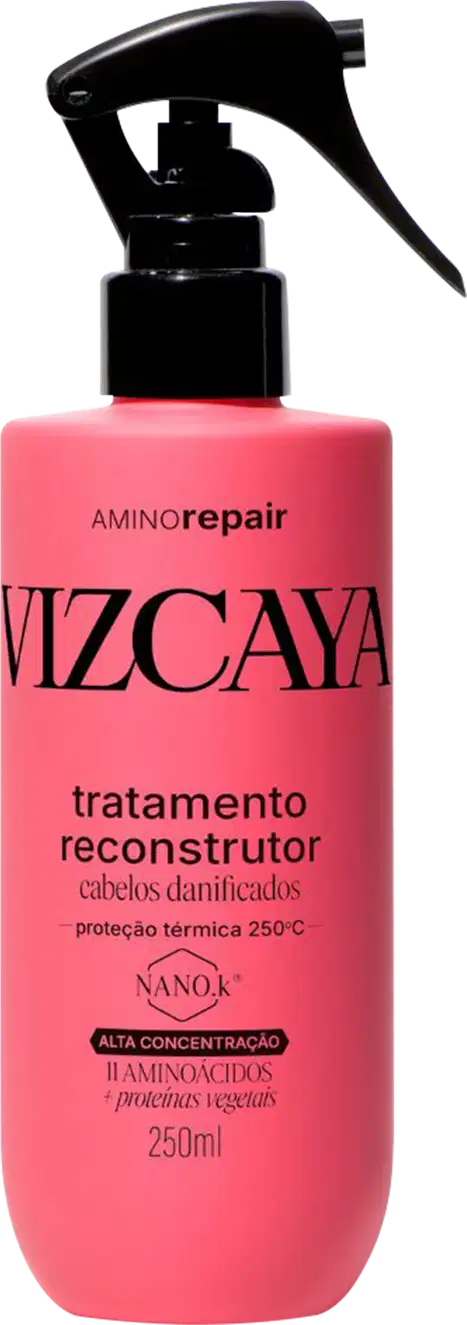 Frasco rosa com rótulo preto da linha Vizcaya Aminorepair, tratamento reconstrutor para cabelos danificados, com proteção térmica de 250°C e alta concentração de aminoácidos.