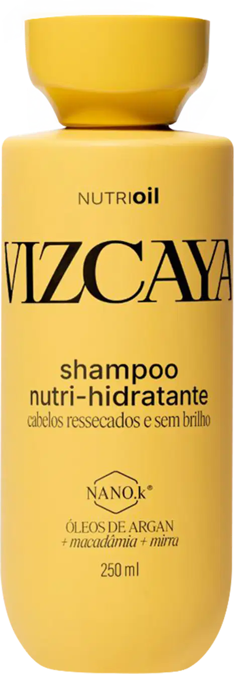 Frasco amarelo de shampoo Vizcaya Nutri-Hidratante, com 250 ml de volume, contendo óleos de argan, macadâmia e mirra, para cabelos ressecados e sem brilho.
