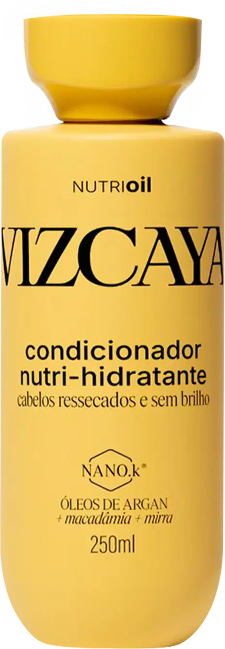 Frasco amarelo de condicionador Vizcaya Nutri-hidratante, com 250ml, contendo óleos de argan, macadâmia e mirra, para cabelos ressecados e sem brilho.