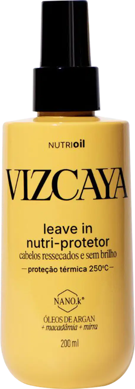 Frasco amarelo da linha Vizcaya contendo leave-in nutri-protetor para cabelos ressecados e sem brilho, com proteção térmica de até 250°C, enriquecido com óleos de argan, macadâmia e mirra.