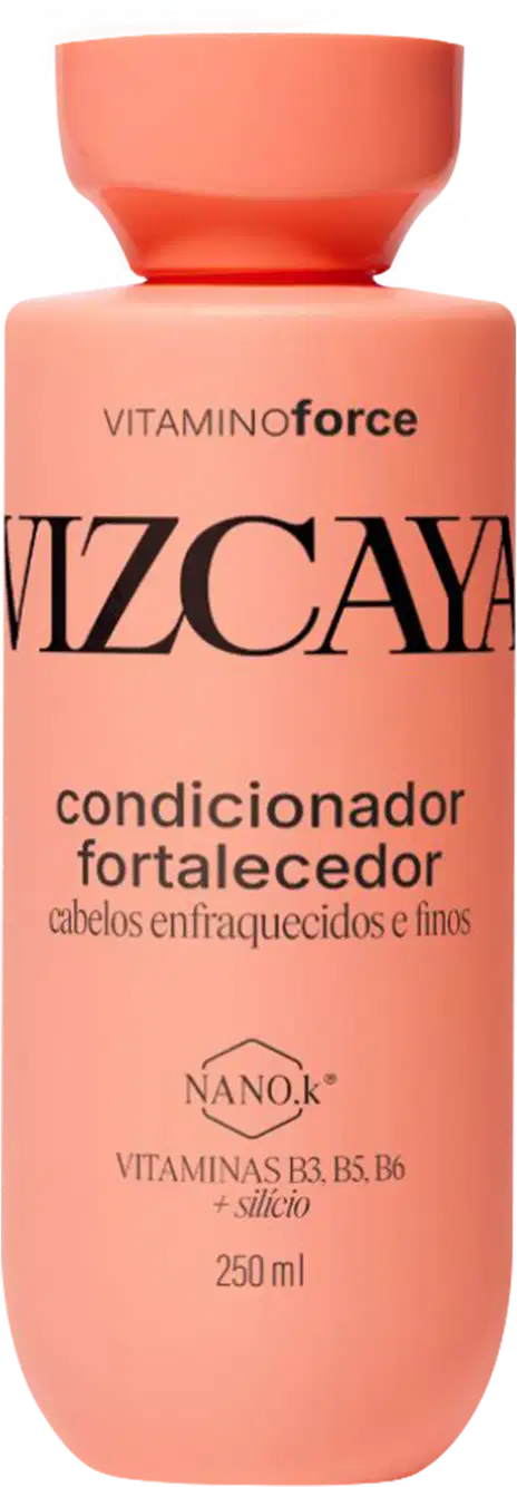 Frasco de condicionador fortalecedor Vizcaya, com embalagem rosa e texto em preto destacando os benefícios do produto para cabelos enfraquecidos e finos. O recipiente possui 250 ml e contém vitaminas B3, B5 e B6 além de silício em sua composição.