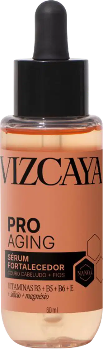 Frasco de vidro com conta-gotas preto contendo um sérum anti-envelhecimento da marca Vizcaya, com rótulo em laranja e branco destacando os ingredientes vitamínicos.