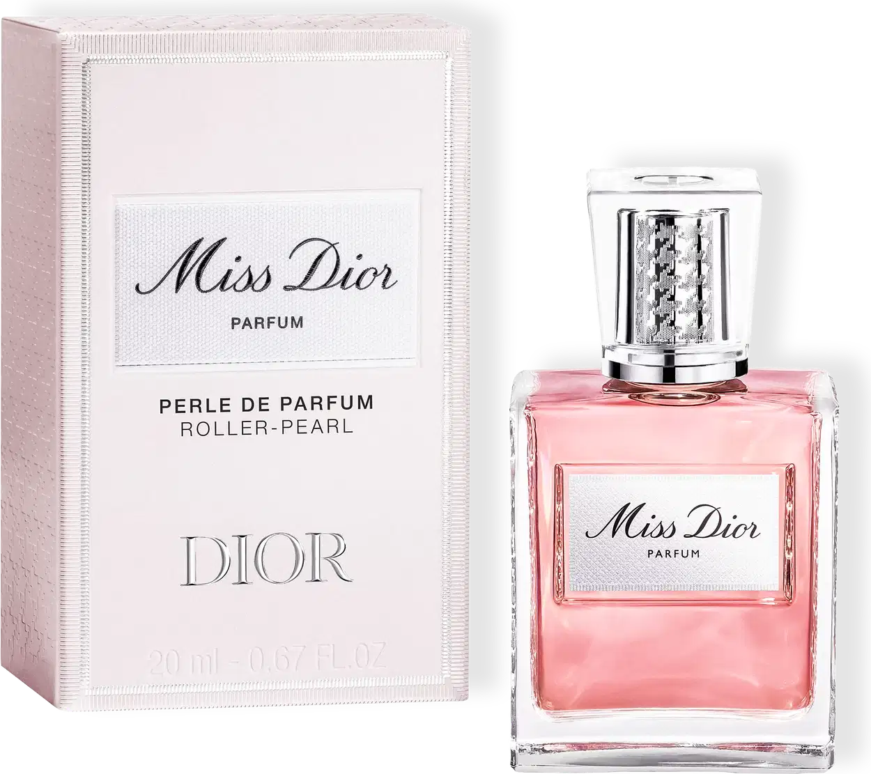 Miss Dior Parfum Perle de Parfum Roller-Pearl, frasco de vidro rosa com rolador pérola e caixa rosa claro com fita branca, 20 ml.