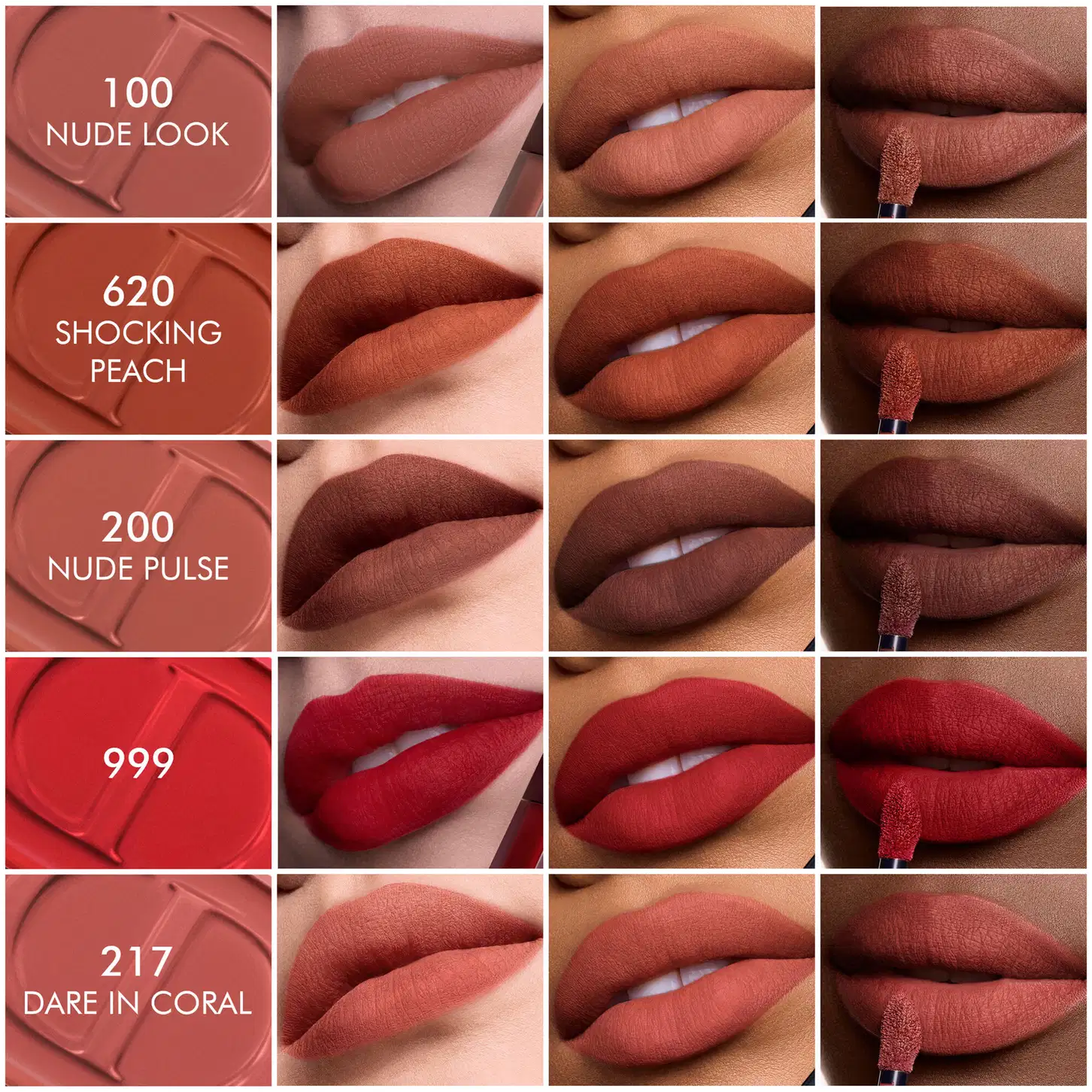 Imagem mostrando diversos tons de batom em embalagens da marca Dior, em diferentes cores como nude, pêssego, vermelho e coral, dispostos sobre uma superfície neutra.