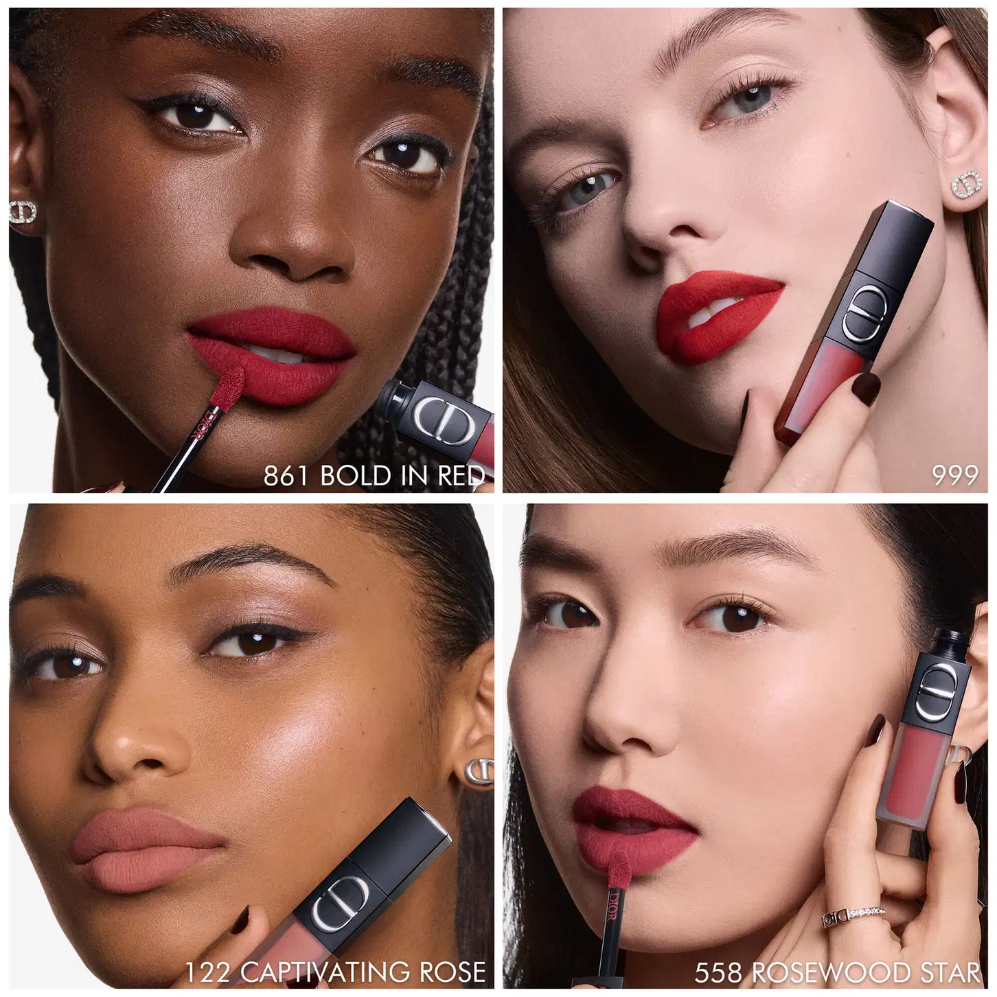 Imagem de quatro batons da marca Dior em embalagens pretas e vermelhas, com cores vibrantes e textura sedosa, em um fundo branco com sombras suaves.