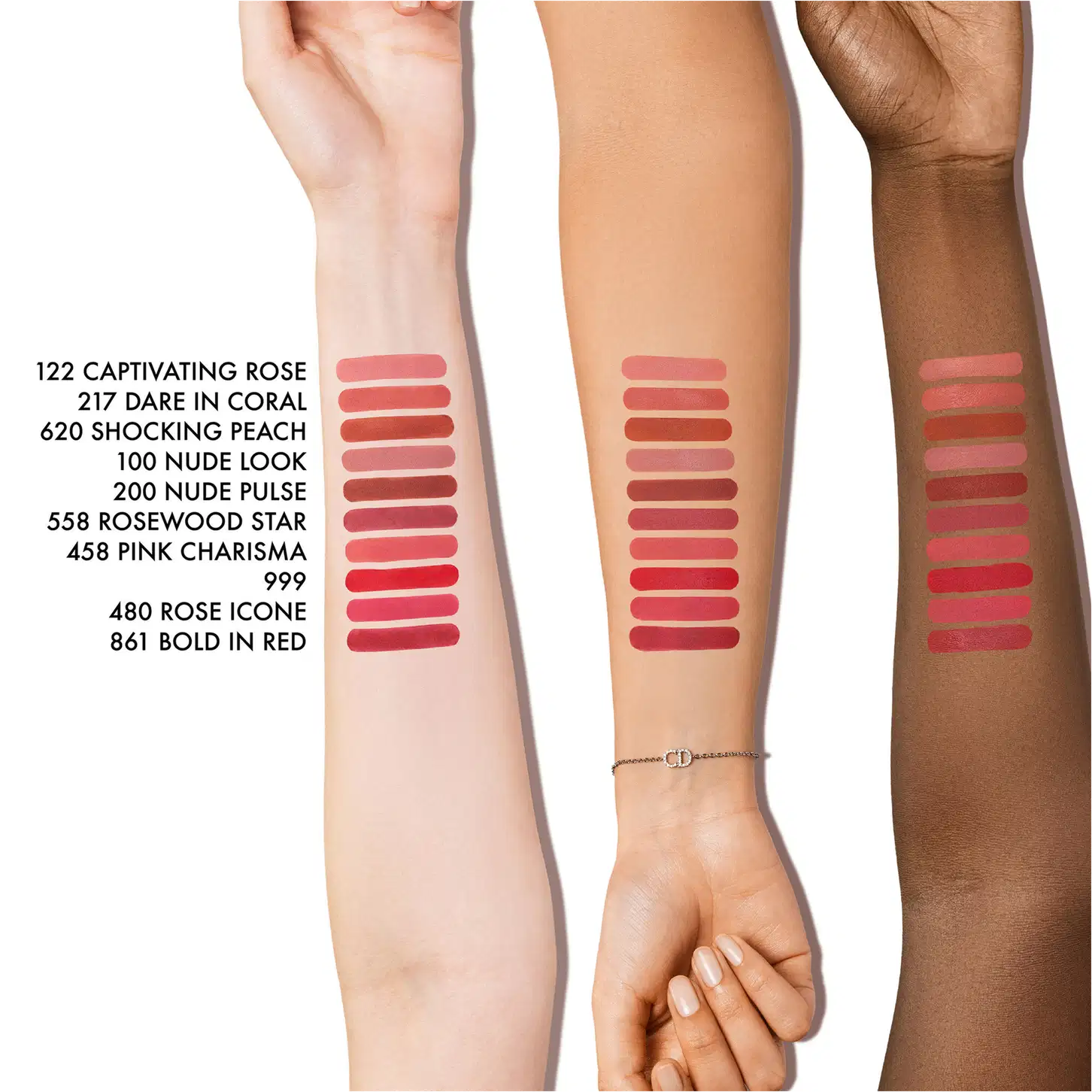 Imagem de diversos tons de batom em diferentes cores, como rosa, coral e vermelho, dispostos sobre uma superfície branca.