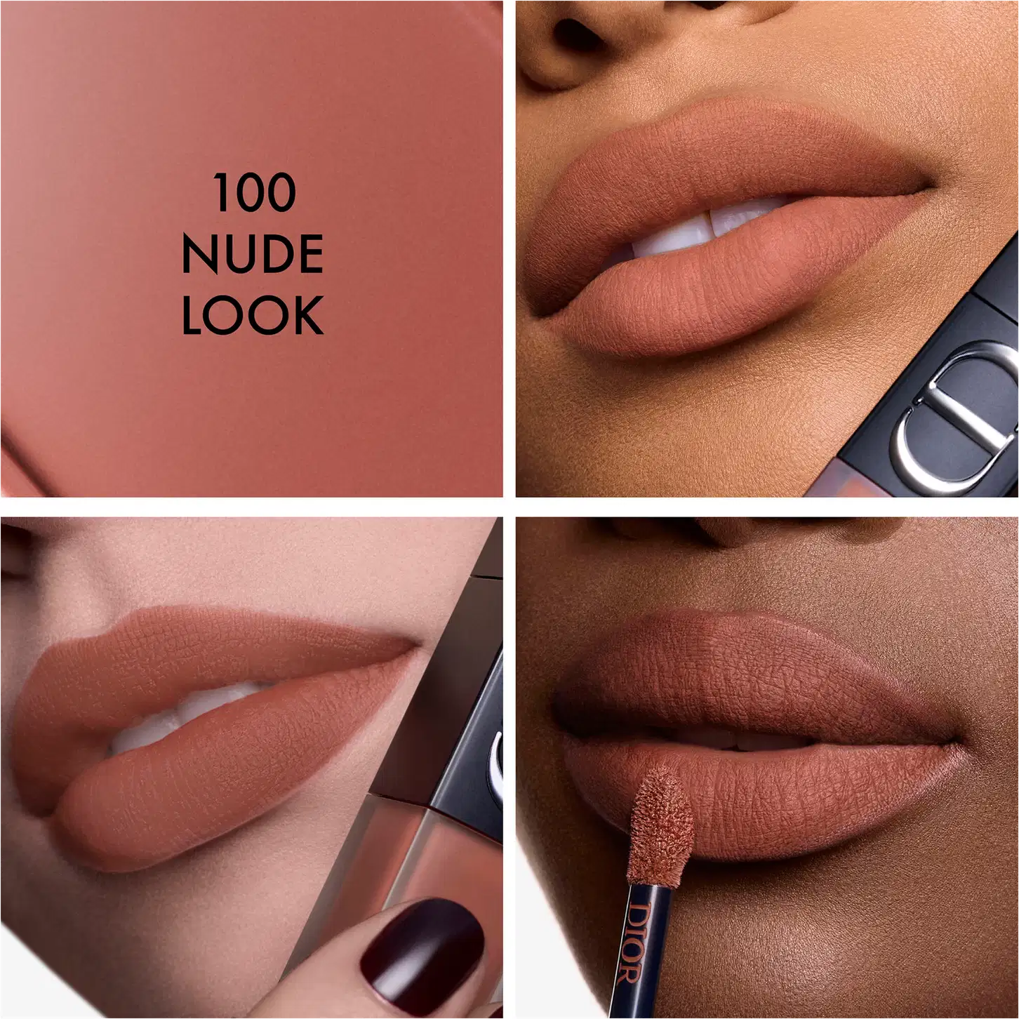 Imagem promocional da linha de maquiagem "100 Nude Look" da Dior, com foco em detalhes dos lábios e aplicação de batom em tons neutros, em um ambiente minimalista e monocromático.