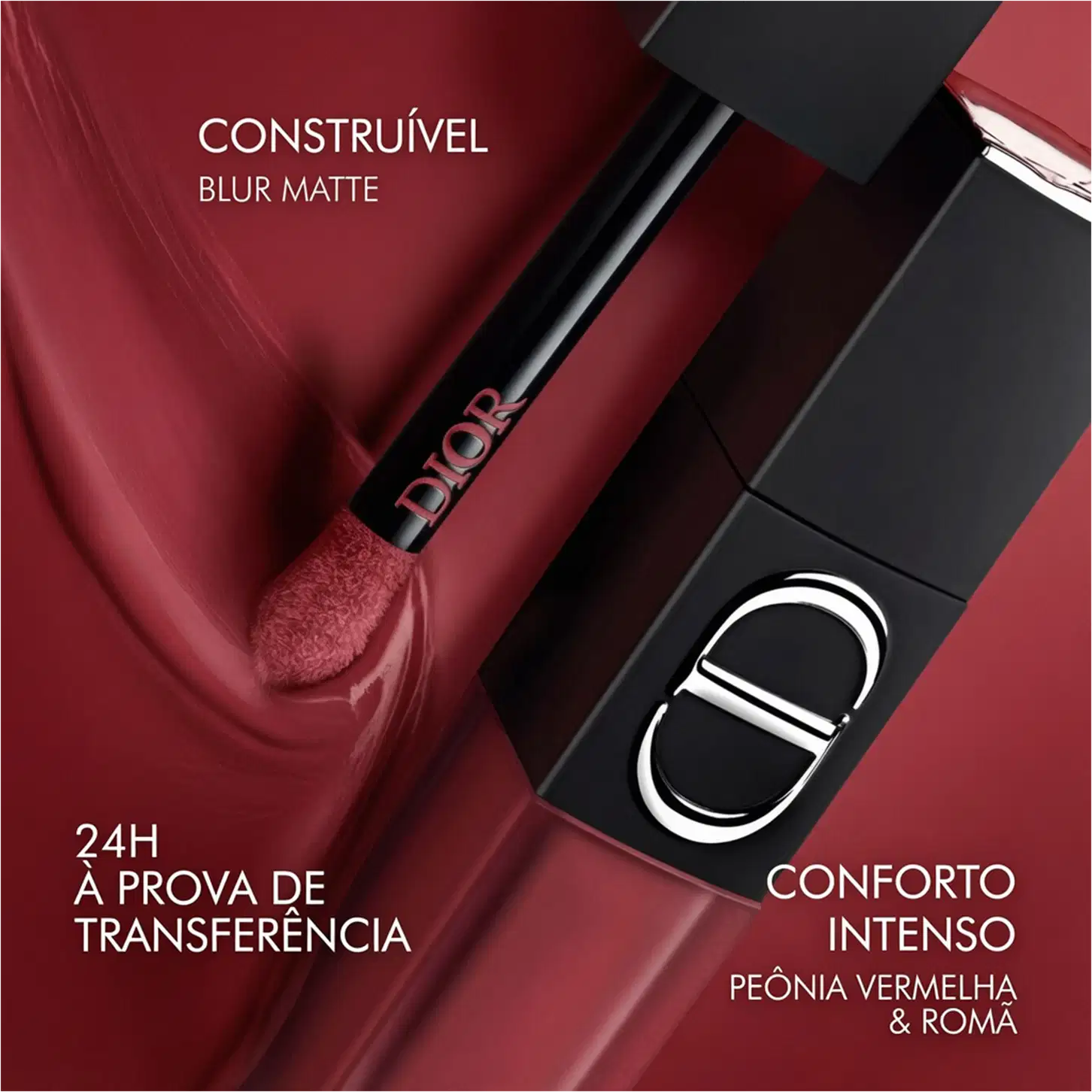 Embalagem preta e vermelha de item de batom da marca Dior, com texto "CONSTRUÍVEL BLUR MATTE" e "CONFORTO INTENSO PEÔNIA VERMELHA & ROMA" visíveis.