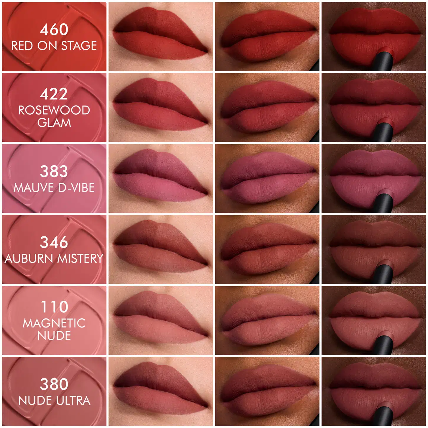 Apresentação de uma linha de batons da marca Dior, com diferentes tonalidades de vermelho e rosa, em um ambiente de maquiagem com fundo vermelho, destacando as cores e texturas dos produtos.