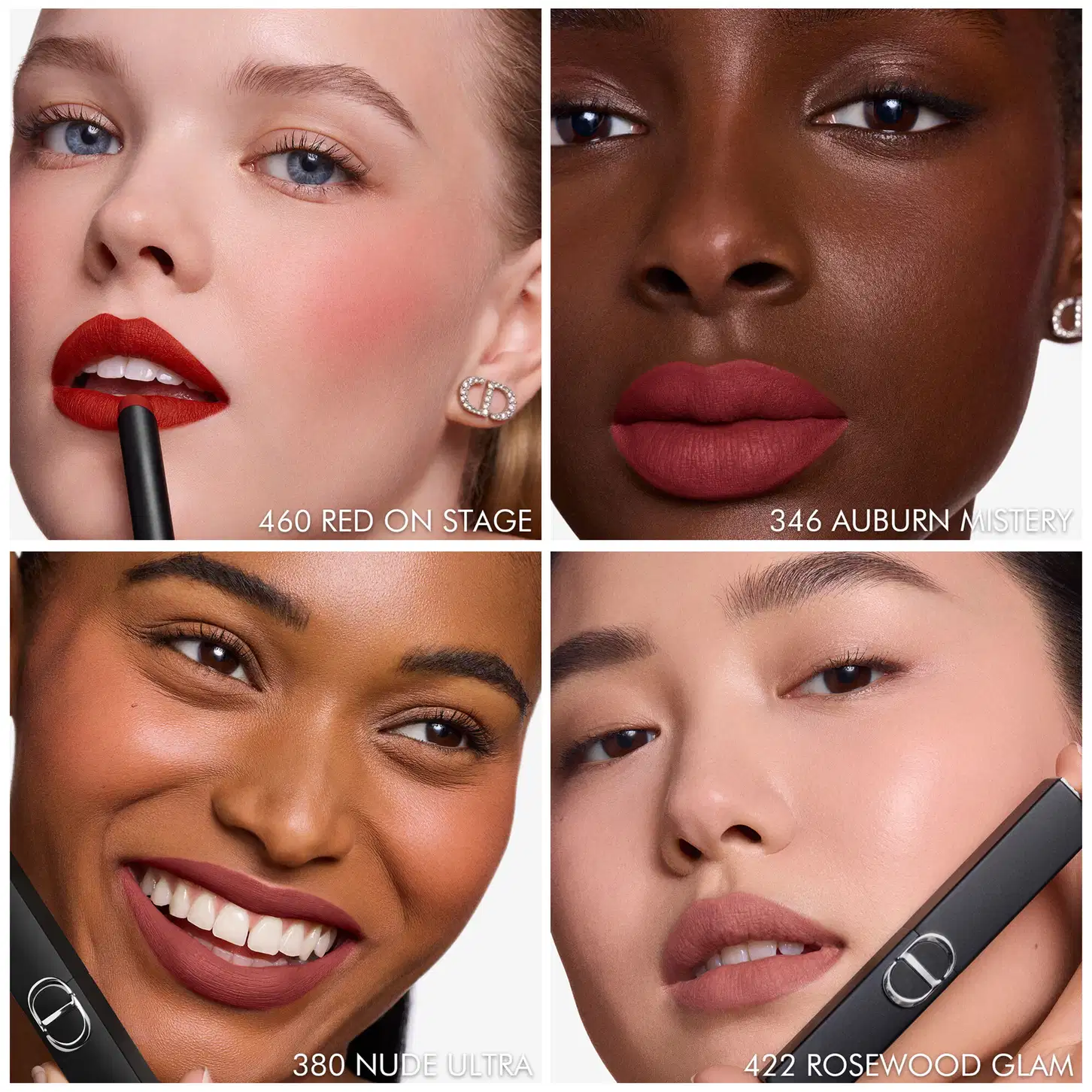 Quatro imagens de produtos de maquiagem da marca Dior, com diferentes tons de batom vermelho e rosa, em close-up dos lábios de modelos com diferentes tons de pele.