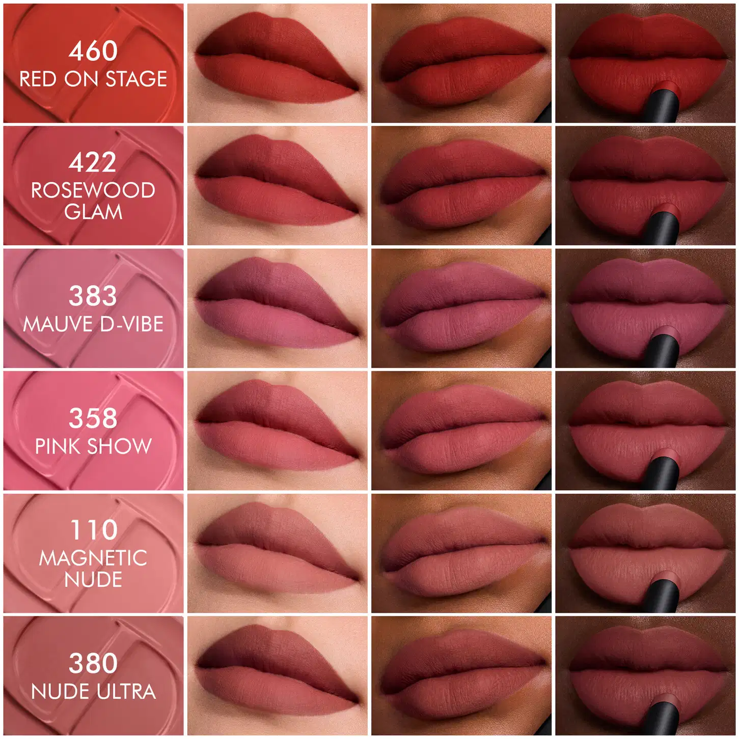 Apresentação de uma linha de batons da marca Dior, com diferentes tonalidades de vermelho e rosa, em um ambiente de maquiagem com fundo vermelho, destacando as cores e texturas dos produtos.