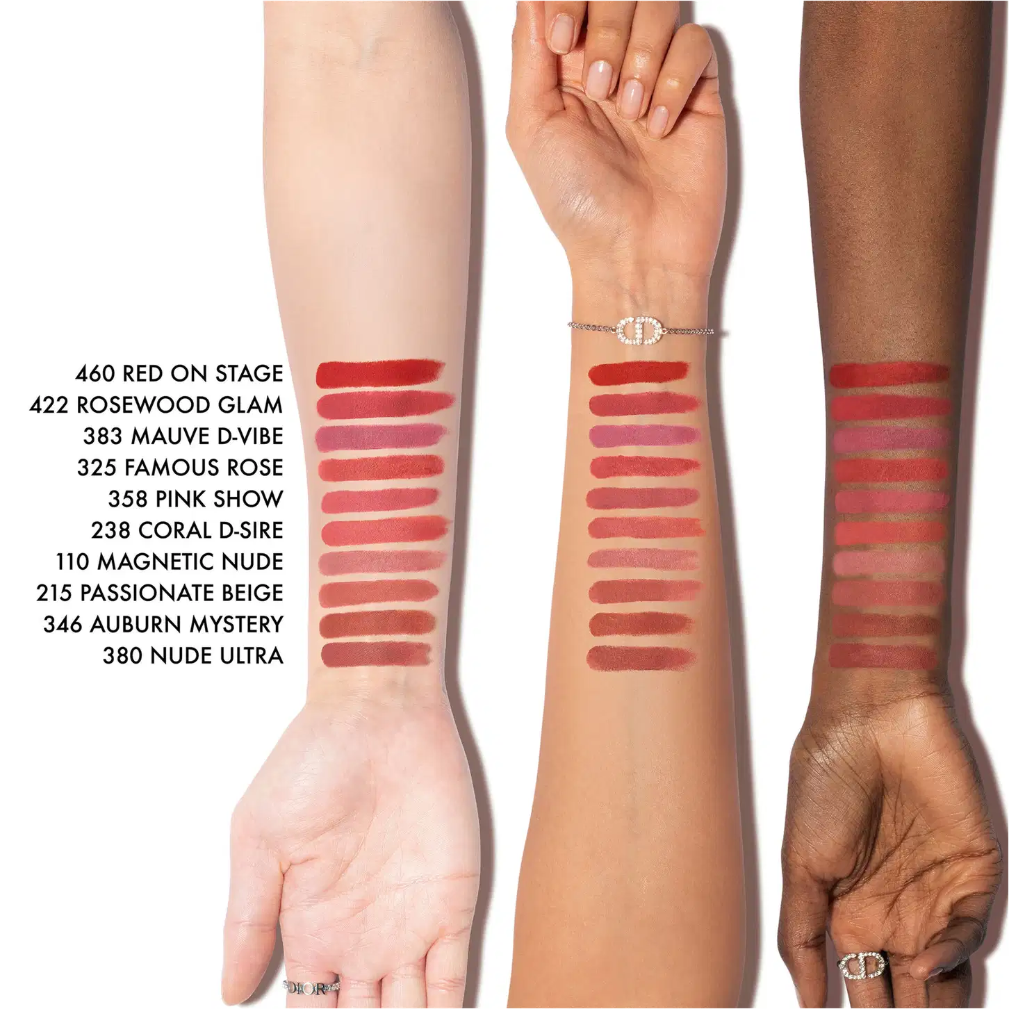 Imagem de braços com diversos tons de pele exibindo diferentes tons de batom vermelho, com informações sobre os nomes e códigos dos produtos.