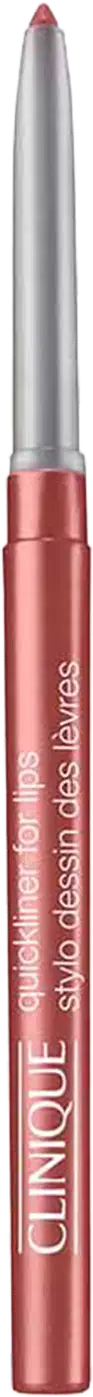 Lápis labial Clinique de cor rosada em embalagem cilíndrica com tampa, com texto "Clinique" e "Quick liner for lips" impresso.