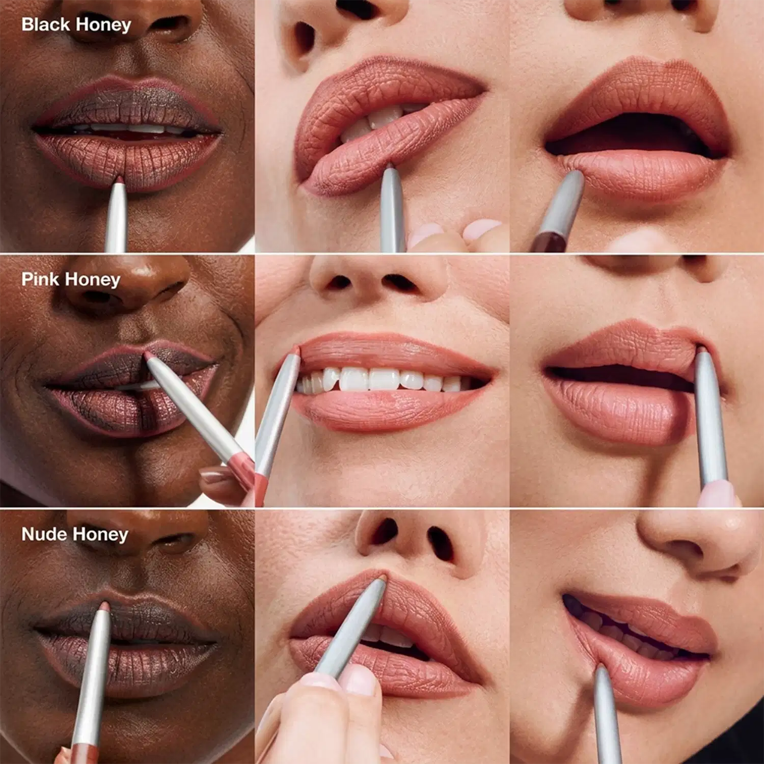 A coleção de lápis labial da marca Clinique, com diferentes tons de rosa e marrom, aplicados em lábios femininos. A imagem destaca a diversidade de cores e texturas dos produtos, sugerindo seu uso em diferentes ocasiões.