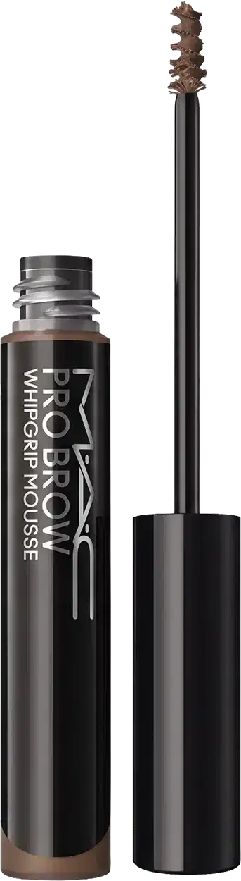 Frasco preto com aplicador em espiral. Produto para sobrancelhas em tom marrom, com embalagem cilíndrica e tampa preta destacada.