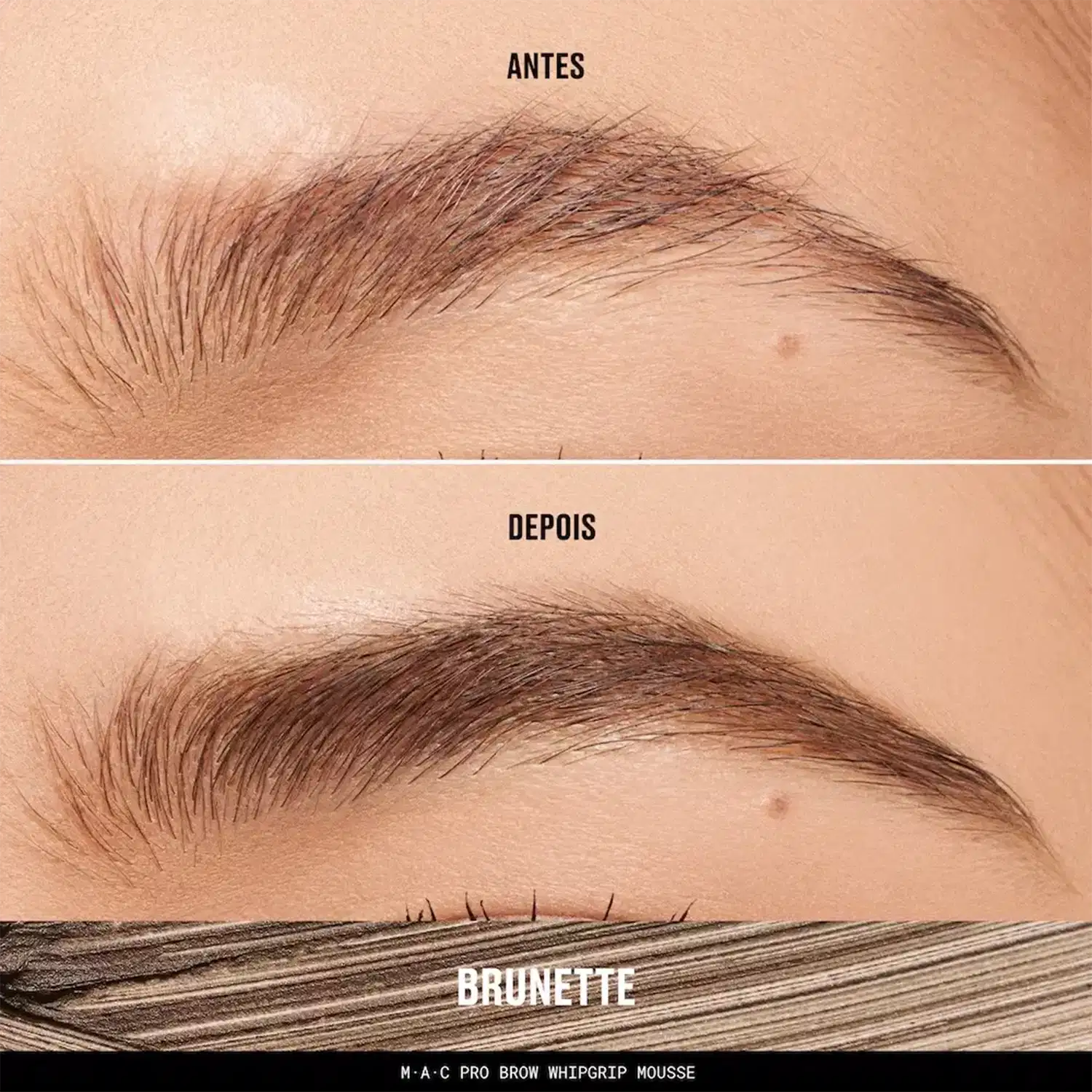Ambiente de demonstração de produto de beleza com fundo neutro em tons de bege. Apresenta três estágios de aplicação do M·A·C Pro Brow Whip Grip Mousse em sobrancelhas, mostrando antes, depois e resultado final em tonalidade brunette.