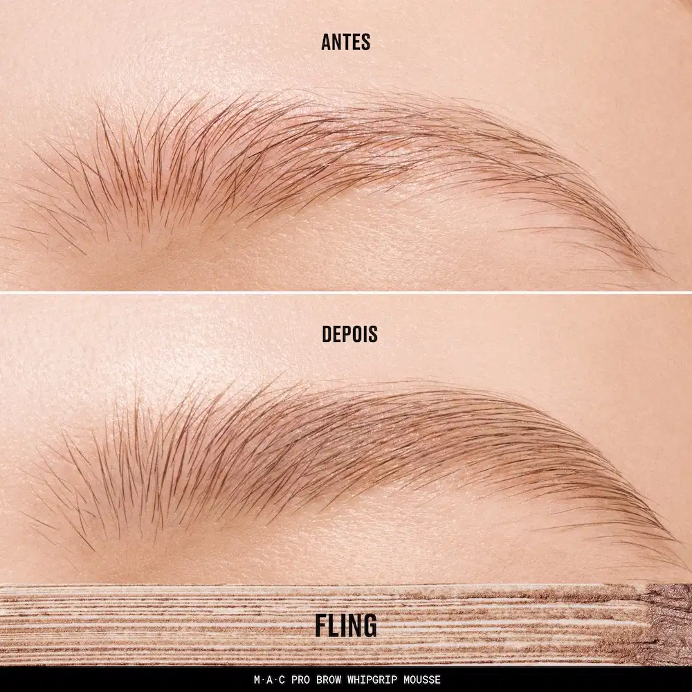 Ambiente de demonstração de produto de beleza com foco em sobrancelhas. Pele clara em tons neutros e bege. Três estágios de aplicação do M·A·C Pro Brow Whipgrip Mousse: antes, depois e resultado final com textura de madeira rústica ao fundo.