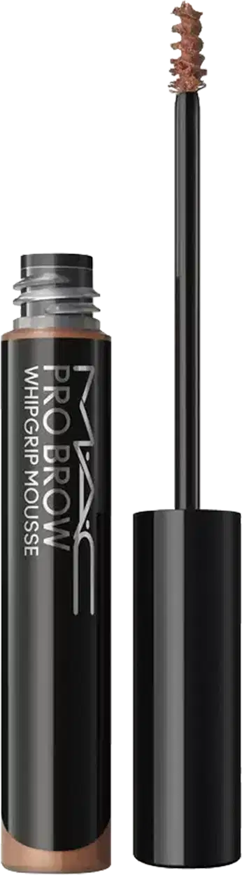 Pro Brow Whipscultpouse MAC em embalagem cilíndrica preta com aplicador em espiral. Produto em tom marrom claro, frasco com rótulo branco e tampa preta destacável.