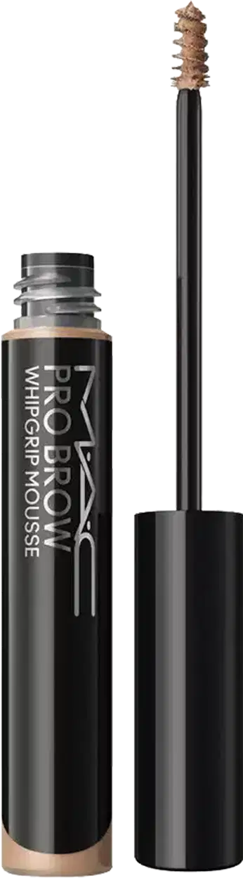 Pro Brow Whip Pomade da M·A·C em embalagem cilíndrica preta com aplicador em espiral. Produto em tom nude/bege claro, ideal para definição e modelagem de sobrancelhas com acabamento duradouro.