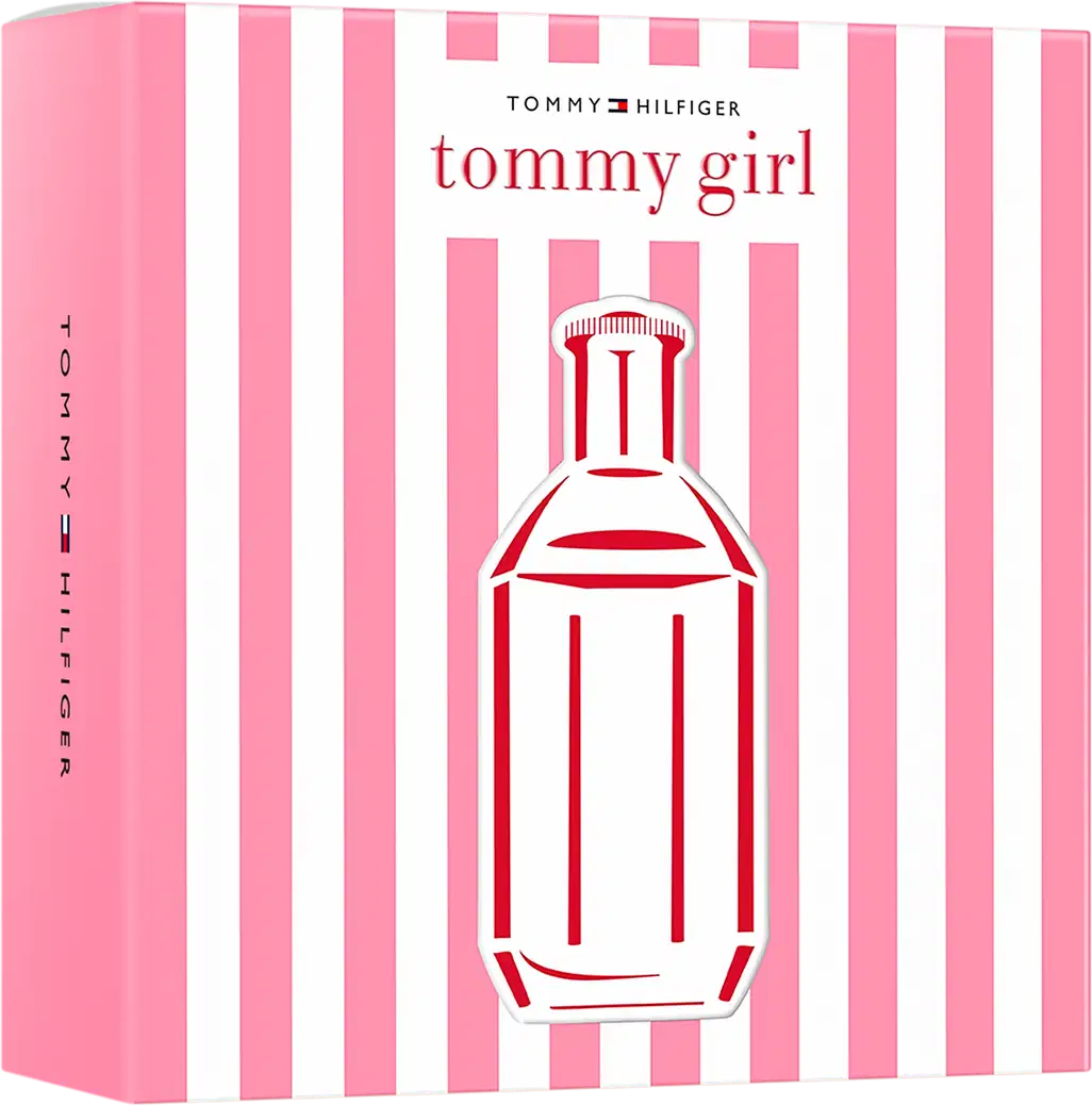 Perfume Tommy Girl da Tommy Hilfiger em frasco branco com detalhes em vermelho, apresentado em embalagem de caixa com listras rosa e brancas, design clássico e elegante da marca.