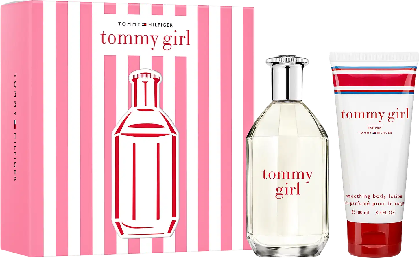 Conjunto Tommy Girl da Tommy Hilfiger com frasco de perfume transparente, loção corporal em tubo branco e rosa, e caixa de embalagem rosa com listras brancas e vermelhas.