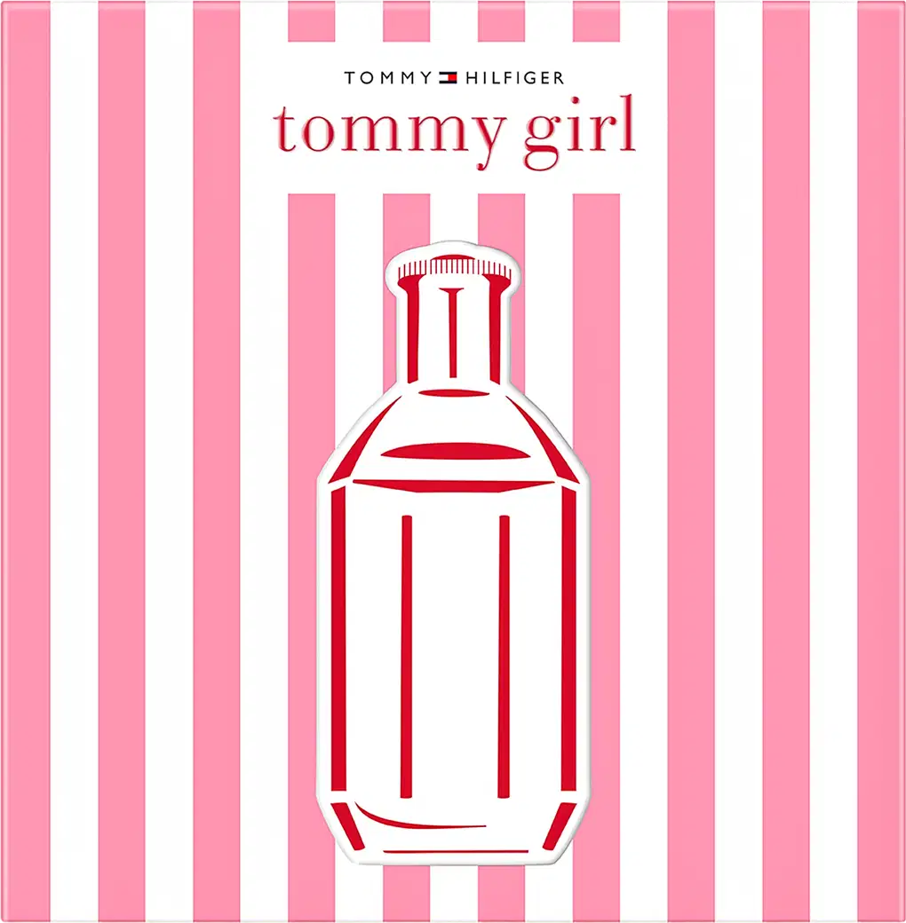 Perfume Tommy Girl da Tommy Hilfiger em frasco de vidro com tampa vermelha e branca. Embalagem com listras rosa e branca verticais. Rótulo com logotipo da marca e nome do produto em vermelho.
