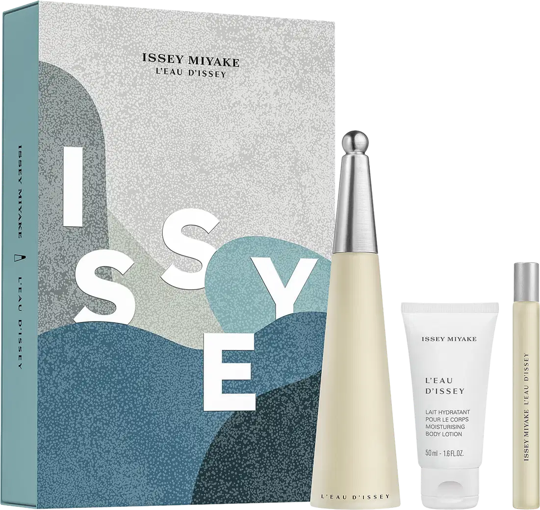 Caixa e frascos de perfume e loção corporal da marca Issey Miyake, com cores predominantes de cinza, branco e azul. O rótulo exibe o nome da marca e do produto "L'eau d'Issey".