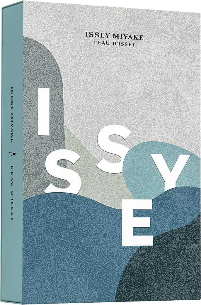 Caixa retangular de produto Issey Miyake com design minimalista em tons de cinza e azul, exibindo o nome da marca "Issey Miyake" e a descrição "L'eau d'Issey" em letras pretas.