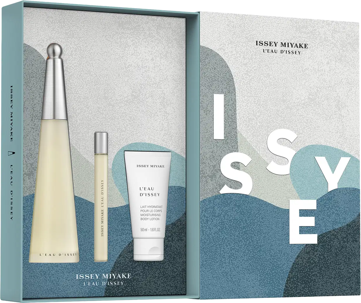 Conjunto de produtos de beleza da marca Issey Miyake, incluindo um frasco de perfume, um tubo de creme hidratante e uma caixa com o nome da marca e do produto "L'eau d'Issey". As cores predominantes são tons de azul e cinza.