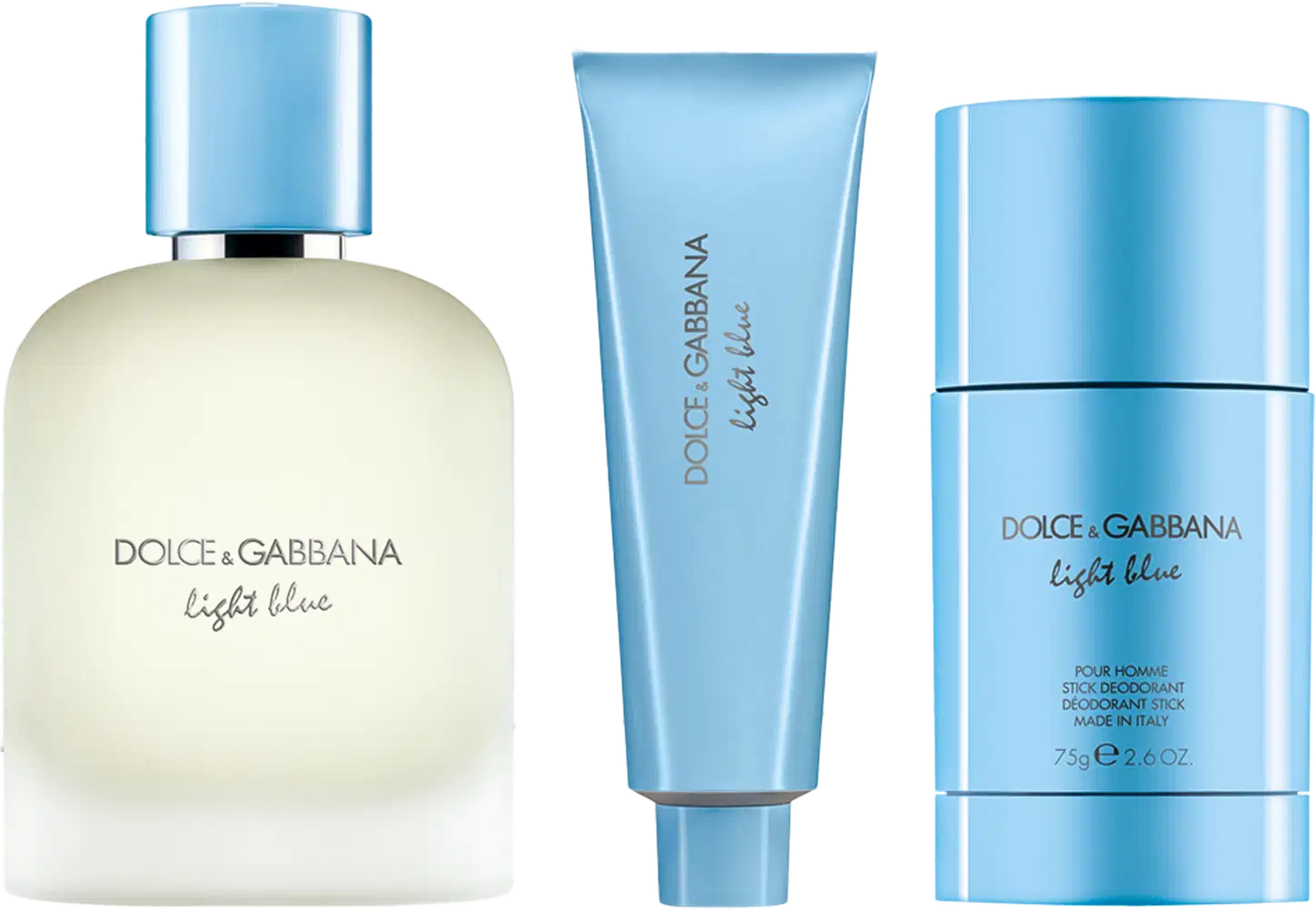 Conjunto de produtos de beleza da marca Dolce & Gabbana, incluindo um frasco de perfume Light Blue, um tubo de shower gel e um desodorante, todos em tons de azul e branco.