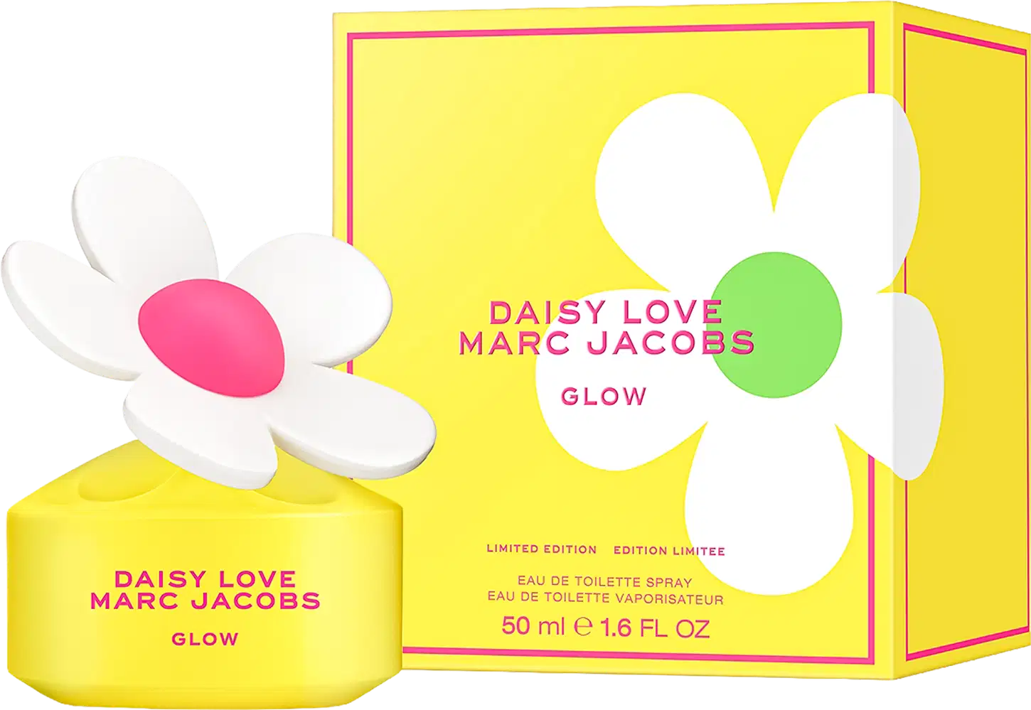 Frasco de perfume em formato de flor branca com centro rosa, embalado em caixa amarela com texto "DAISY LOVE MARC JACOBS GLOW" em vermelho e rosa. Produto de beleza da marca Marc Jacobs.